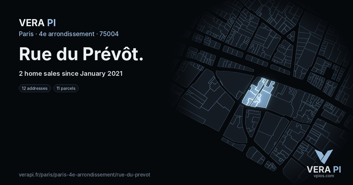 Rue du Prévôt, 4e arrondissement at night – every parcel coloured by the prices around it, the street's own parcels lit
