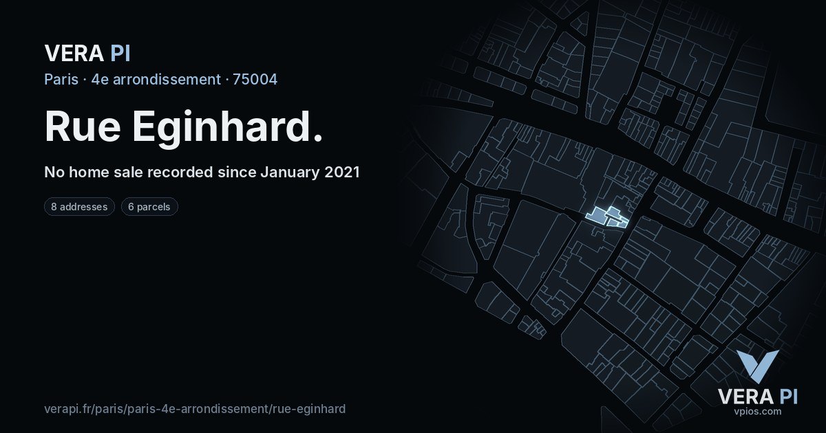Rue Eginhard, 4e arrondissement at night – every parcel coloured by the prices around it, the street's own parcels lit