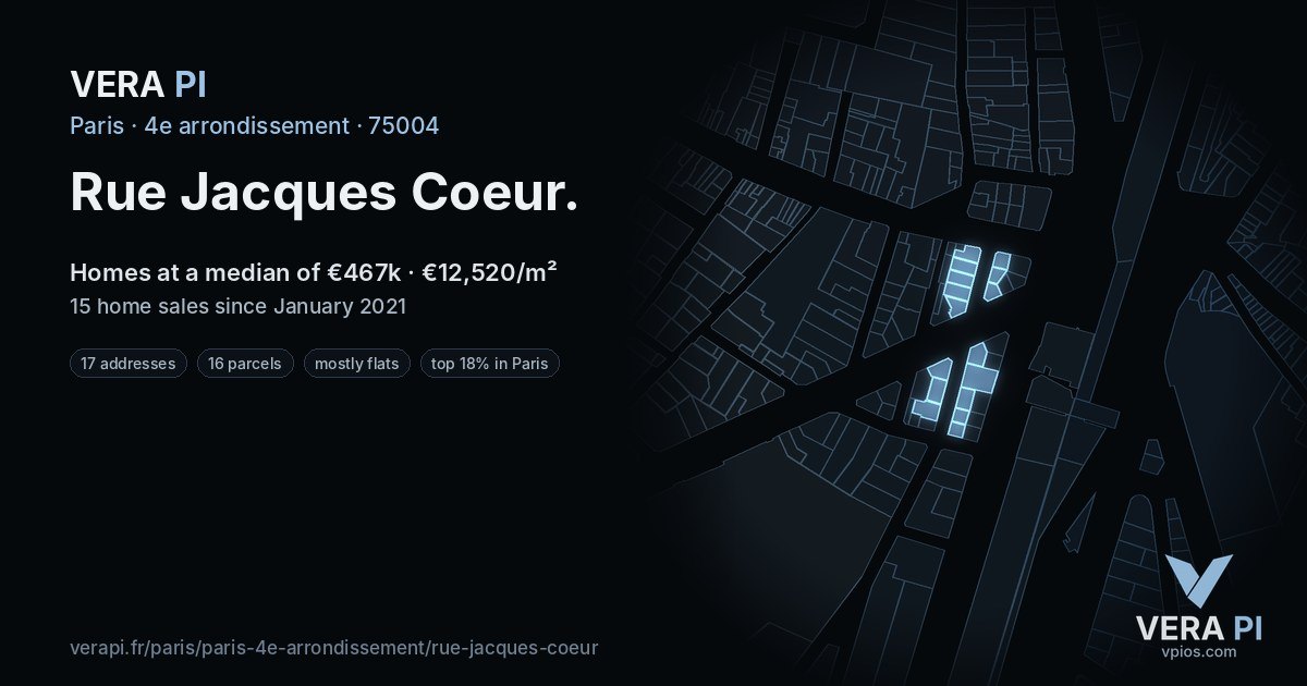 Rue Jacques Coeur, 4e arrondissement at night – every parcel coloured by the prices around it, the street's own parcels lit