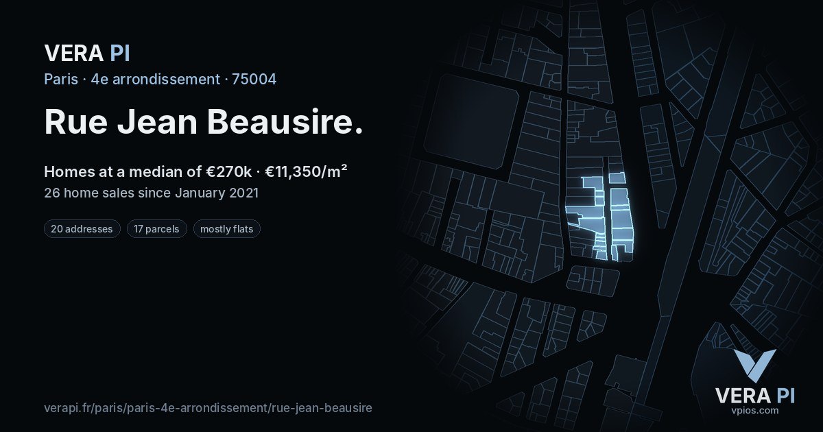 Rue Jean Beausire, 4e arrondissement at night – every parcel coloured by the prices around it, the street's own parcels lit