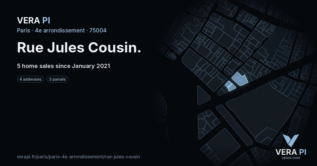 Rue Jules Cousin, 4e arrondissement at night – every parcel coloured by the prices around it, the street's own parcels lit