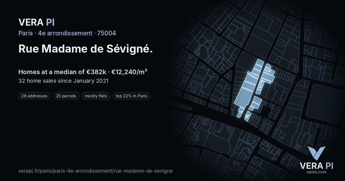 Rue Madame de Sévigné, 4e arrondissement at night – every parcel coloured by the prices around it, the street's own parcels lit
