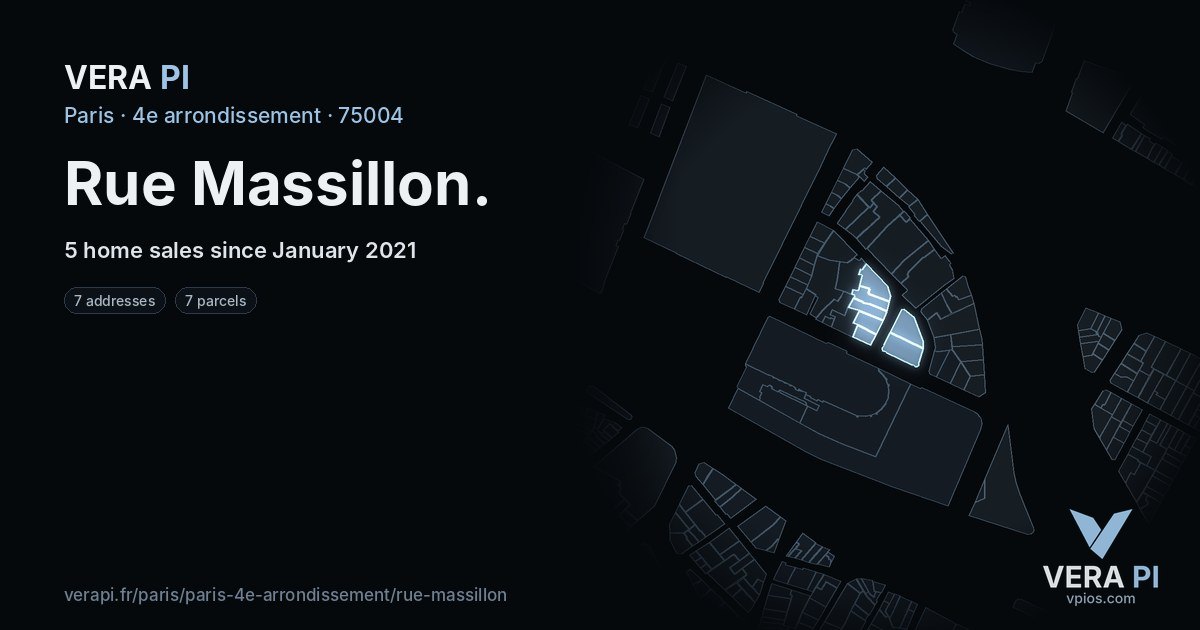 Rue Massillon, 4e arrondissement at night – every parcel coloured by the prices around it, the street's own parcels lit
