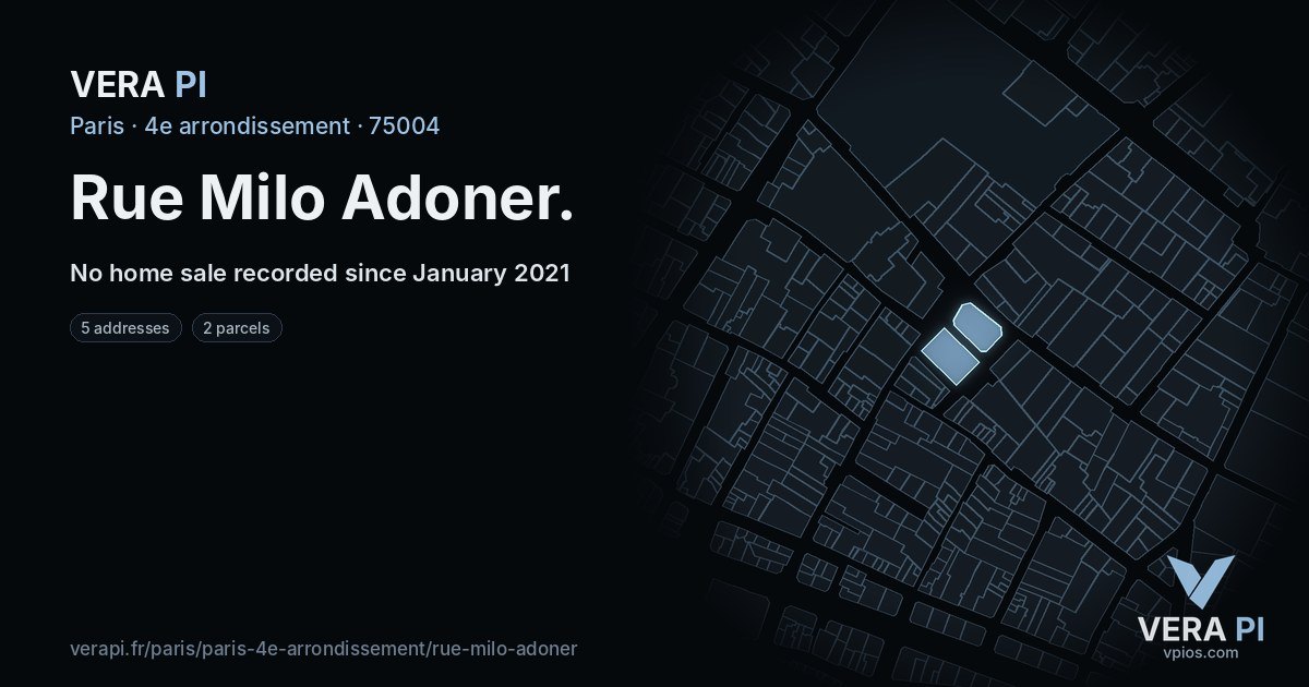 Rue Milo Adoner, 4e arrondissement at night – every parcel coloured by the prices around it, the street's own parcels lit