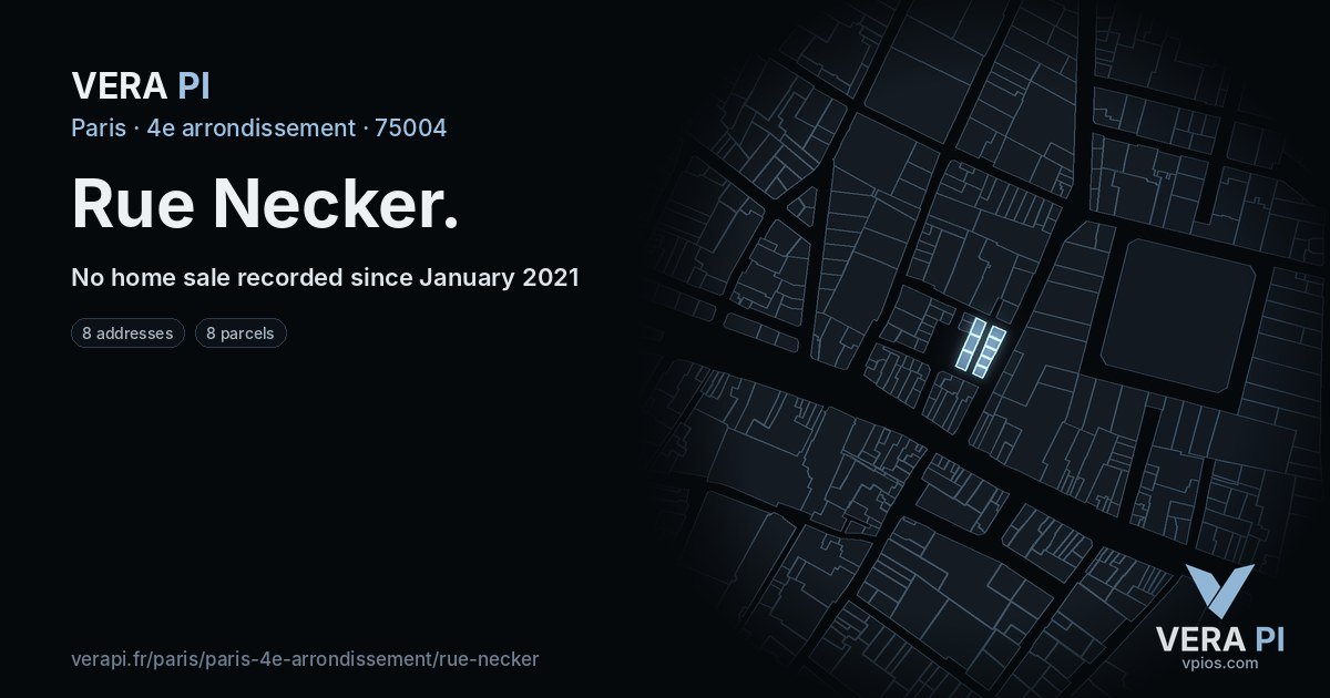 Rue Necker, 4e arrondissement at night – every parcel coloured by the prices around it, the street's own parcels lit