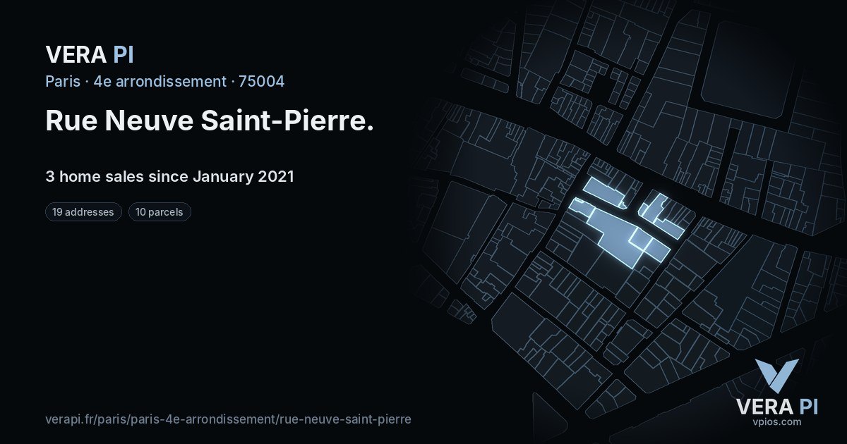 Rue Neuve Saint-Pierre, 4e arrondissement at night – every parcel coloured by the prices around it, the street's own parcels lit