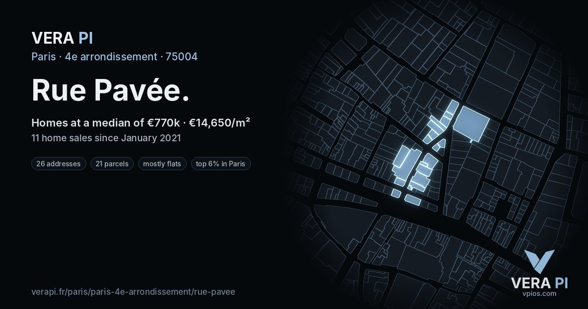 Rue Pavée, 4e arrondissement at night – every parcel coloured by the prices around it, the street's own parcels lit
