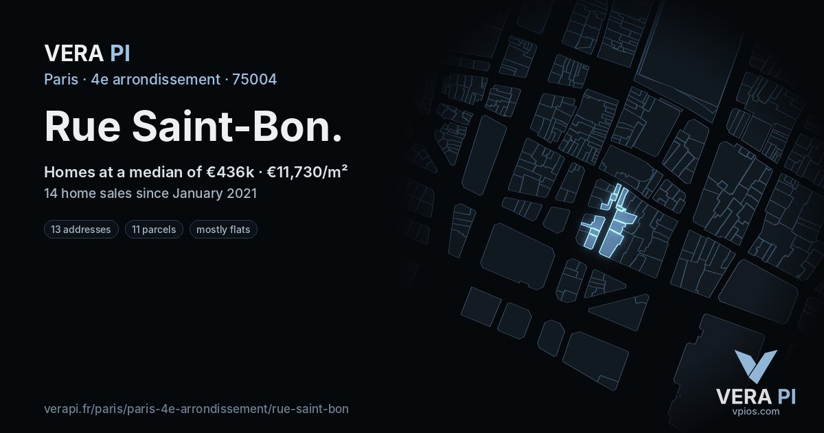 Rue Saint-Bon, 4e arrondissement at night – every parcel coloured by the prices around it, the street's own parcels lit