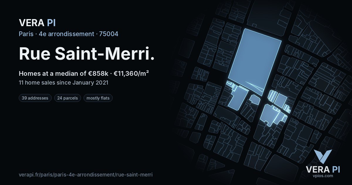 Rue Saint-Merri, 4e arrondissement at night – every parcel coloured by the prices around it, the street's own parcels lit