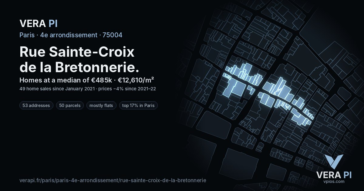 Rue Sainte-Croix de la Bretonnerie, 4e arrondissement at night – every parcel coloured by the prices around it, the street's own parcels lit