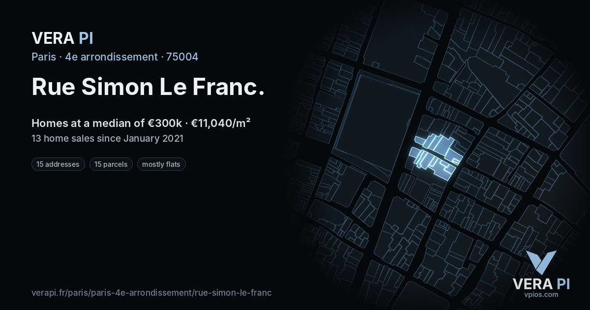 Rue Simon Le Franc, 4e arrondissement at night – every parcel coloured by the prices around it, the street's own parcels lit