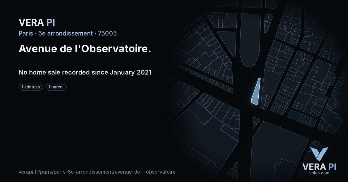 Avenue de l'Observatoire, 5e arrondissement at night – every parcel coloured by the prices around it, the street's own parcels lit