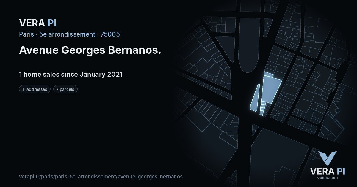 Avenue Georges Bernanos, 5e arrondissement at night – every parcel coloured by the prices around it, the street's own parcels lit