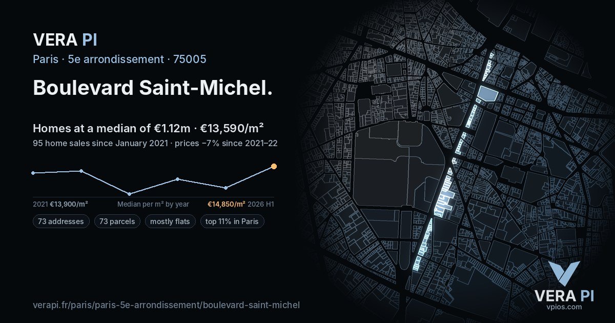 Boulevard Saint-Michel, 5e arrondissement at night – every parcel coloured by the prices around it, the street's own parcels lit