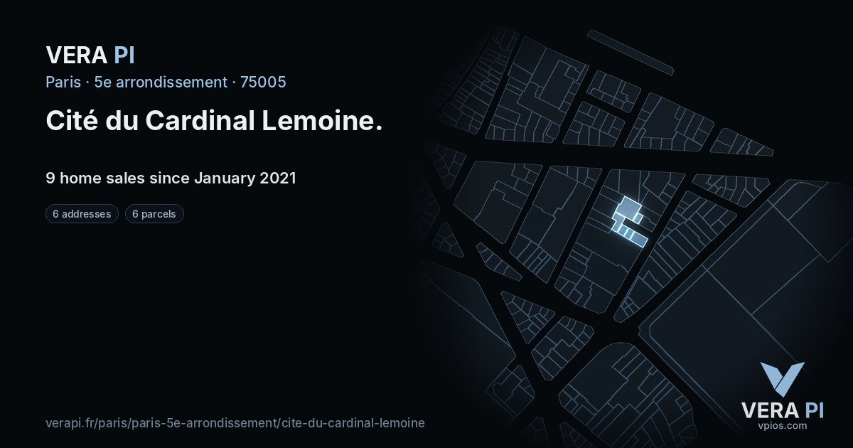 Cité du Cardinal Lemoine, 5e arrondissement at night – every parcel coloured by the prices around it, the street's own parcels lit