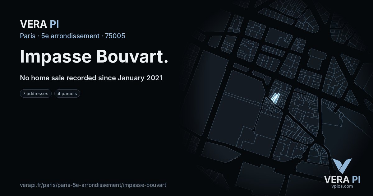 Impasse Bouvart, 5e arrondissement at night – every parcel coloured by the prices around it, the street's own parcels lit