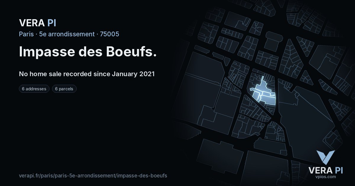Impasse des Boeufs, 5e arrondissement at night – every parcel coloured by the prices around it, the street's own parcels lit