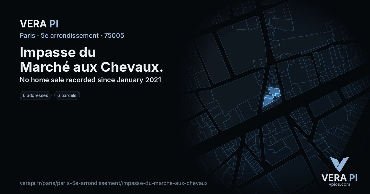 Impasse du Marché aux Chevaux, 5e arrondissement at night – every parcel coloured by the prices around it, the street's own parcels lit
