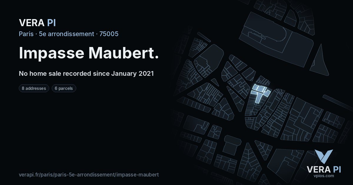 Impasse Maubert, 5e arrondissement at night – every parcel coloured by the prices around it, the street's own parcels lit