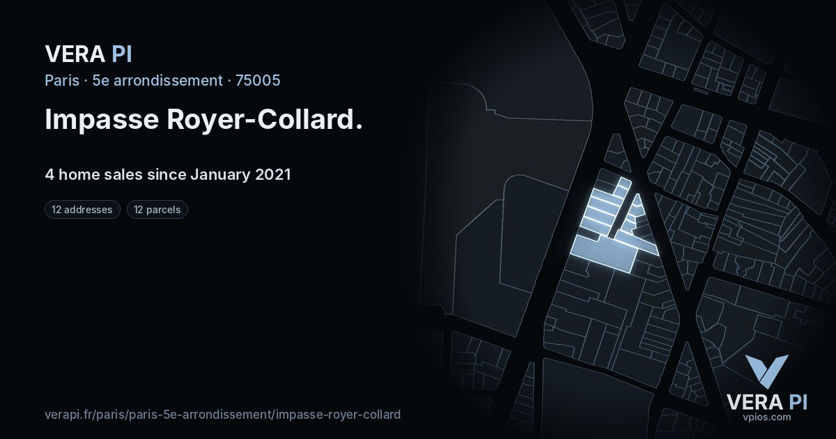Impasse Royer-Collard, 5e arrondissement at night – every parcel coloured by the prices around it, the street's own parcels lit