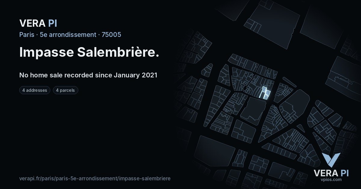 Impasse Salembrière, 5e arrondissement at night – every parcel coloured by the prices around it, the street's own parcels lit