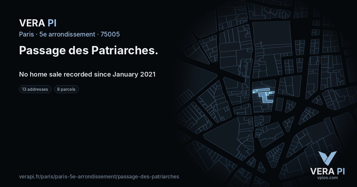 Passage des Patriarches, 5e arrondissement at night – every parcel coloured by the prices around it, the street's own parcels lit
