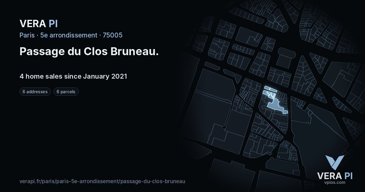 Passage du Clos Bruneau, 5e arrondissement at night – every parcel coloured by the prices around it, the street's own parcels lit