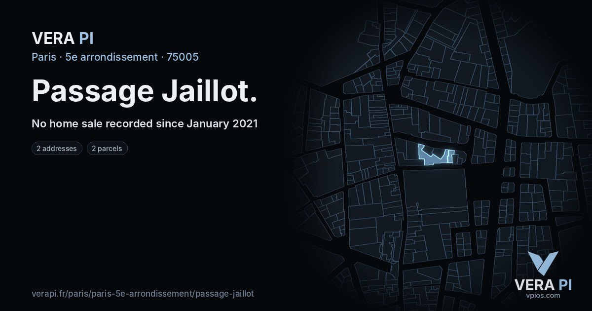 Passage Jaillot, 5e arrondissement at night – every parcel coloured by the prices around it, the street's own parcels lit
