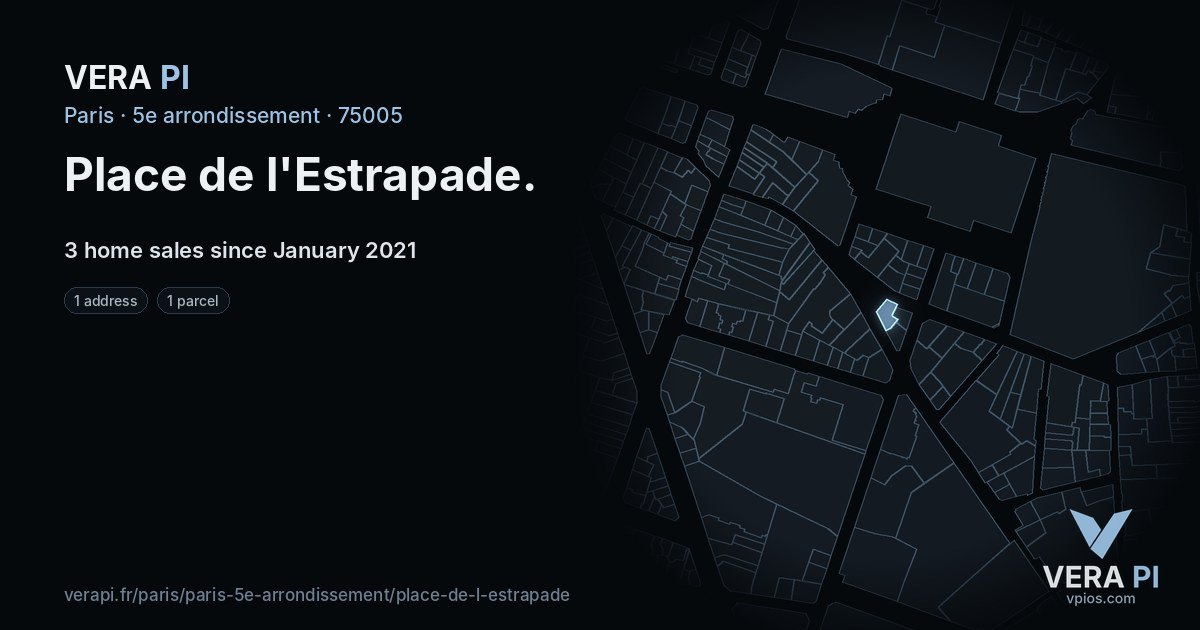 Place de l'Estrapade, 5e arrondissement at night – every parcel coloured by the prices around it, the street's own parcels lit