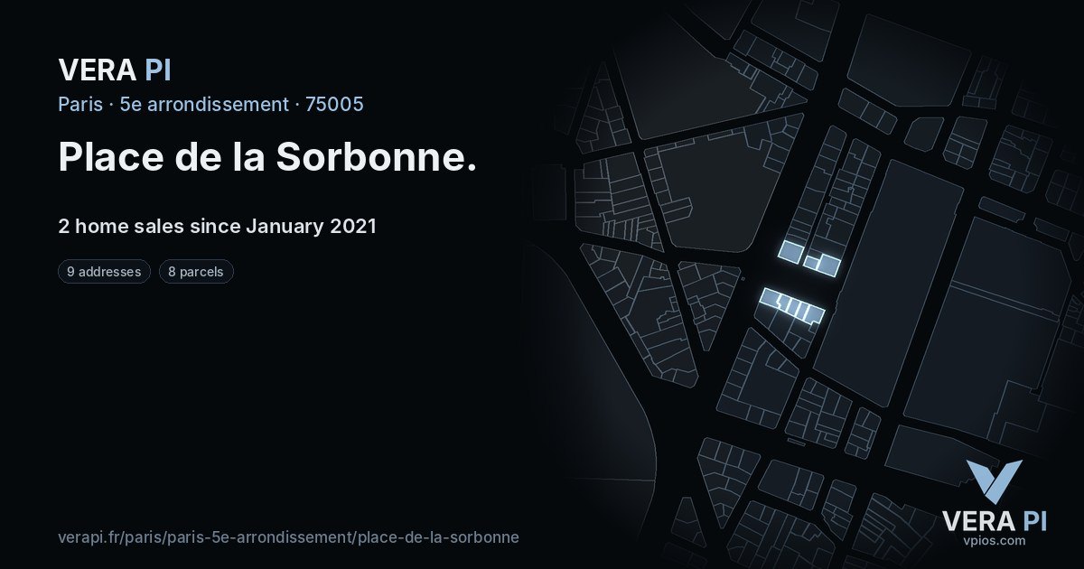 Place de la Sorbonne, 5e arrondissement at night – every parcel coloured by the prices around it, the street's own parcels lit