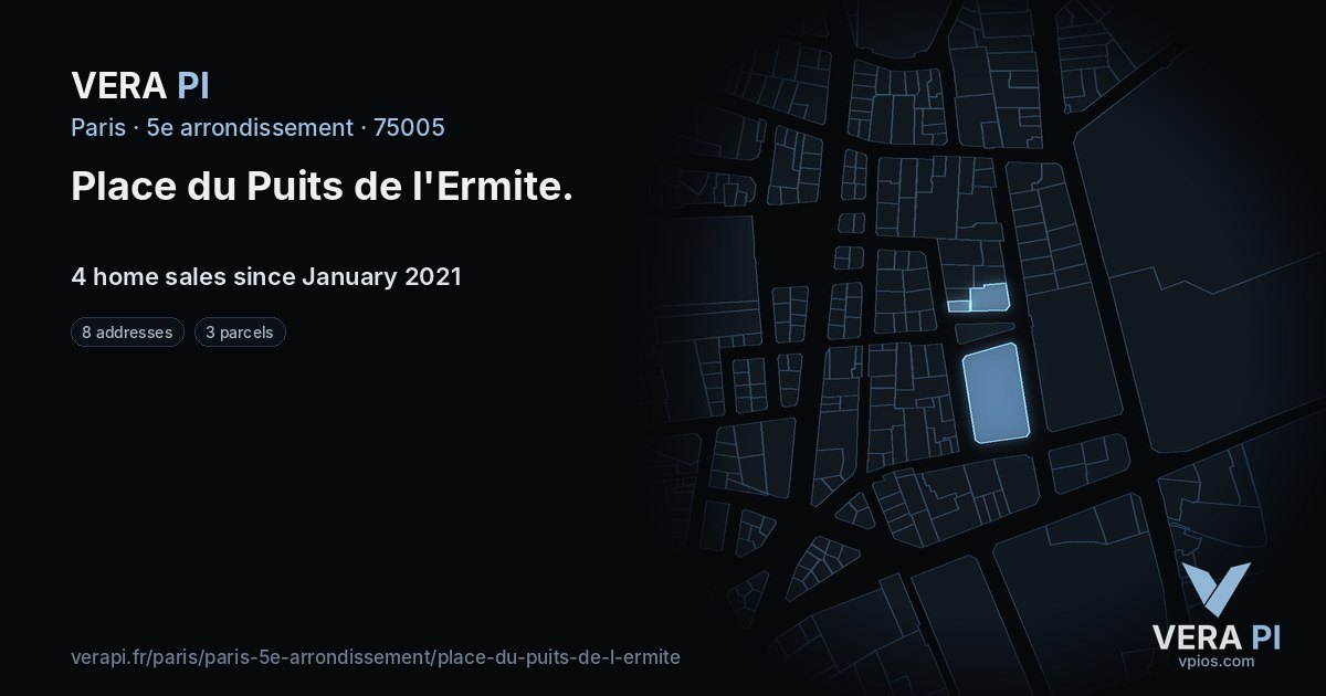 Place du Puits de l'Ermite, 5e arrondissement at night – every parcel coloured by the prices around it, the street's own parcels lit