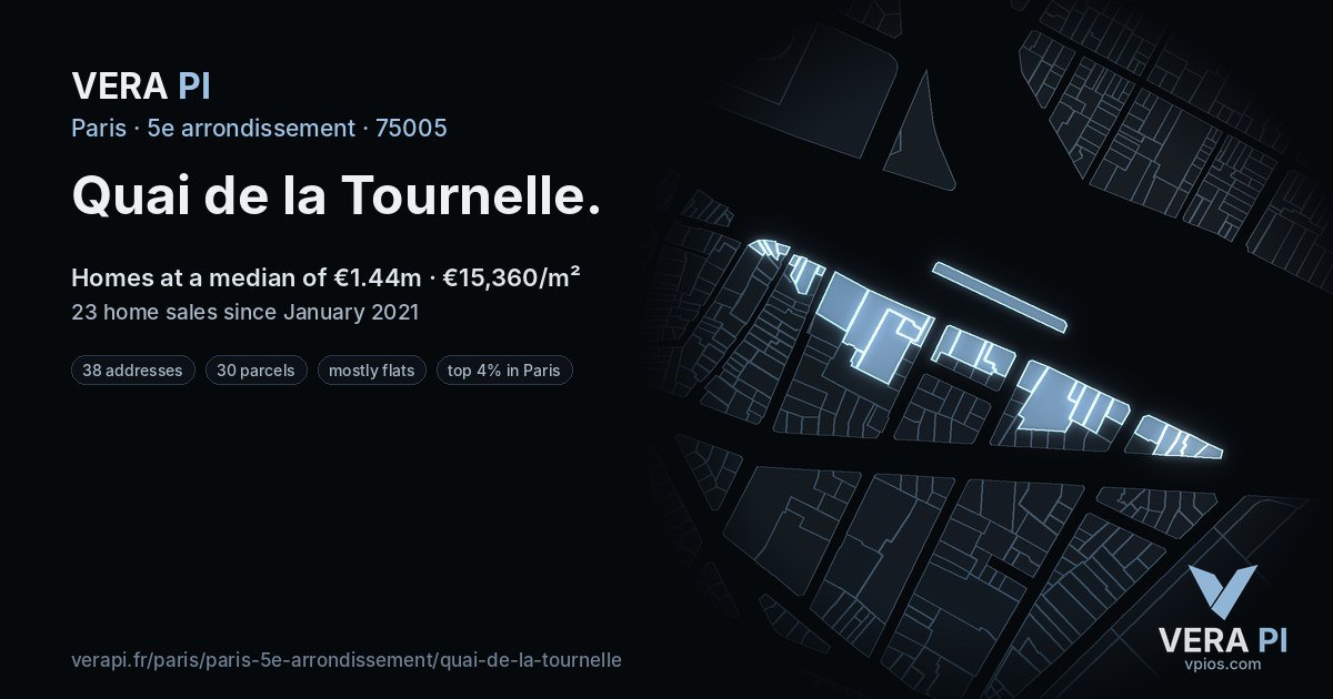 Quai de la Tournelle, 5e arrondissement at night – every parcel coloured by the prices around it, the street's own parcels lit