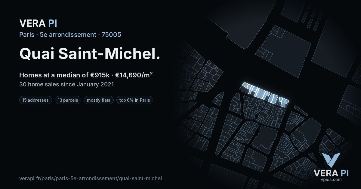 Quai Saint-Michel, 5e arrondissement at night – every parcel coloured by the prices around it, the street's own parcels lit