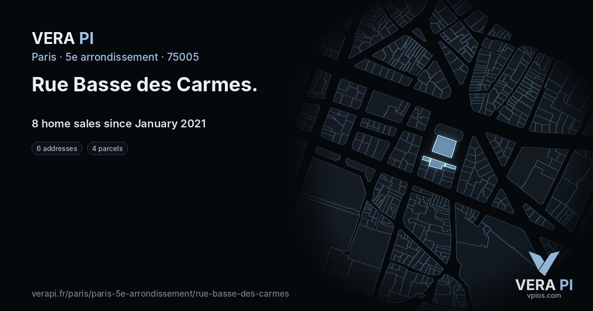 Rue Basse des Carmes, 5e arrondissement at night – every parcel coloured by the prices around it, the street's own parcels lit