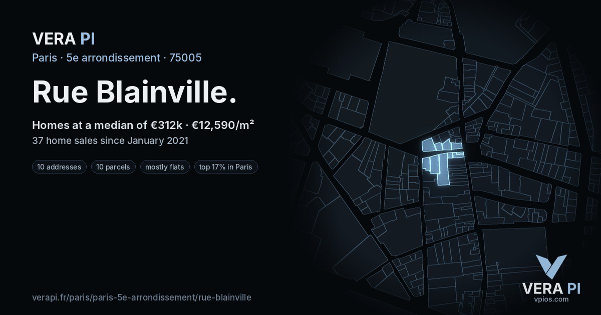 Rue Blainville, 5e arrondissement at night – every parcel coloured by the prices around it, the street's own parcels lit