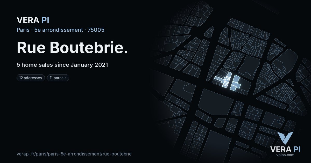 Rue Boutebrie, 5e arrondissement at night – every parcel coloured by the prices around it, the street's own parcels lit