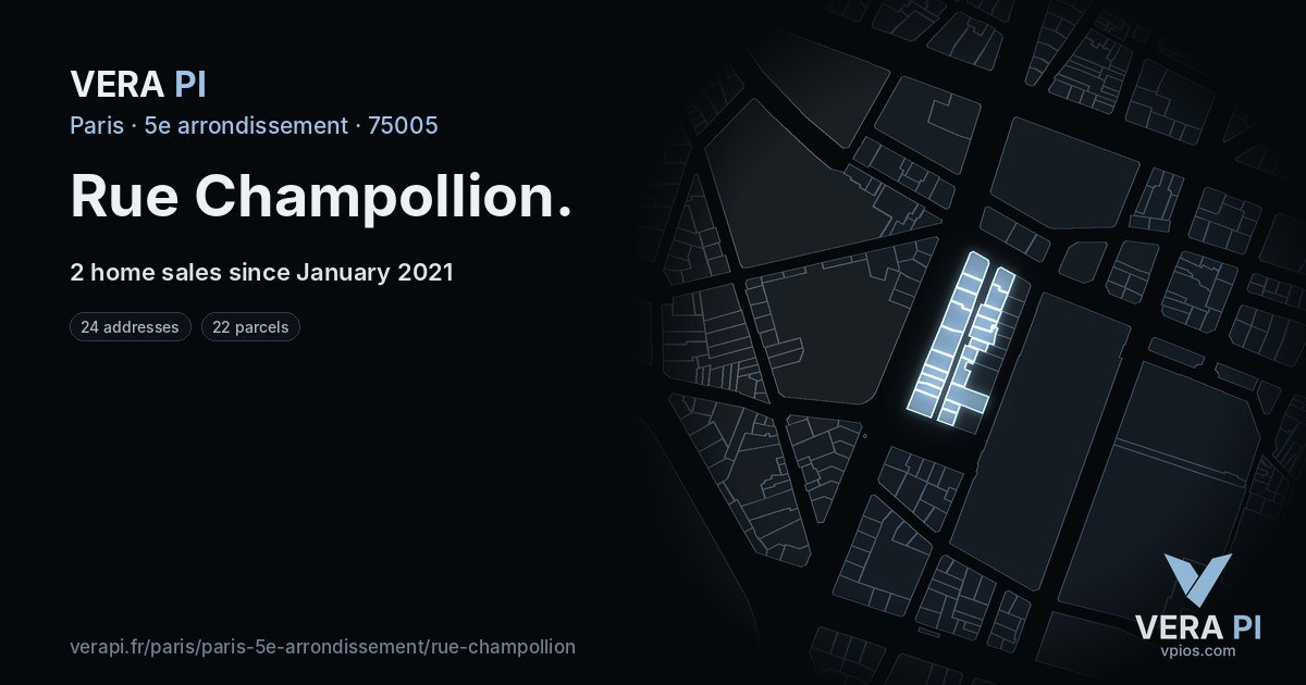 Rue Champollion, 5e arrondissement at night – every parcel coloured by the prices around it, the street's own parcels lit