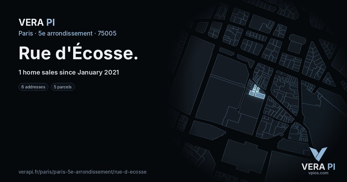 Rue d'Écosse, 5e arrondissement at night – every parcel coloured by the prices around it, the street's own parcels lit