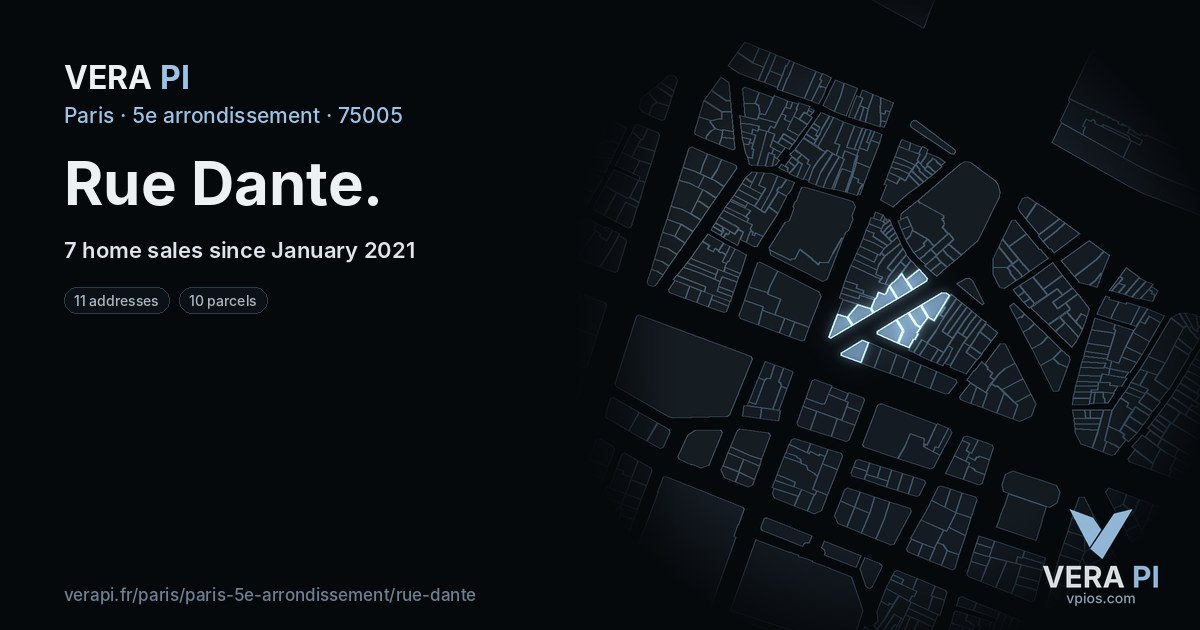 Rue Dante, 5e arrondissement at night – every parcel coloured by the prices around it, the street's own parcels lit