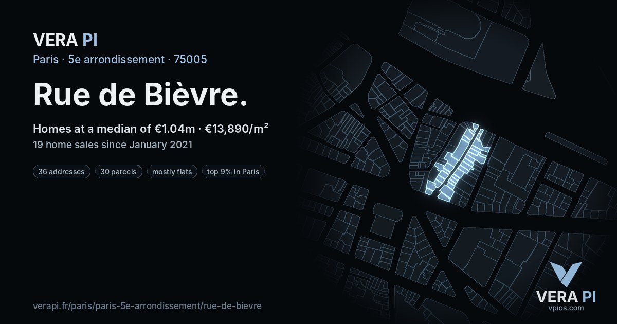 Rue de Bièvre, 5e arrondissement at night – every parcel coloured by the prices around it, the street's own parcels lit