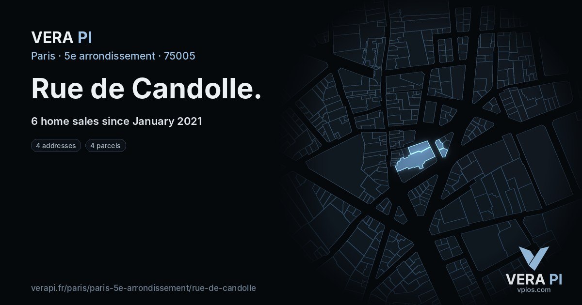 Rue de Candolle, 5e arrondissement at night – every parcel coloured by the prices around it, the street's own parcels lit