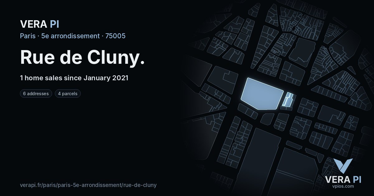 Rue de Cluny, 5e arrondissement at night – every parcel coloured by the prices around it, the street's own parcels lit
