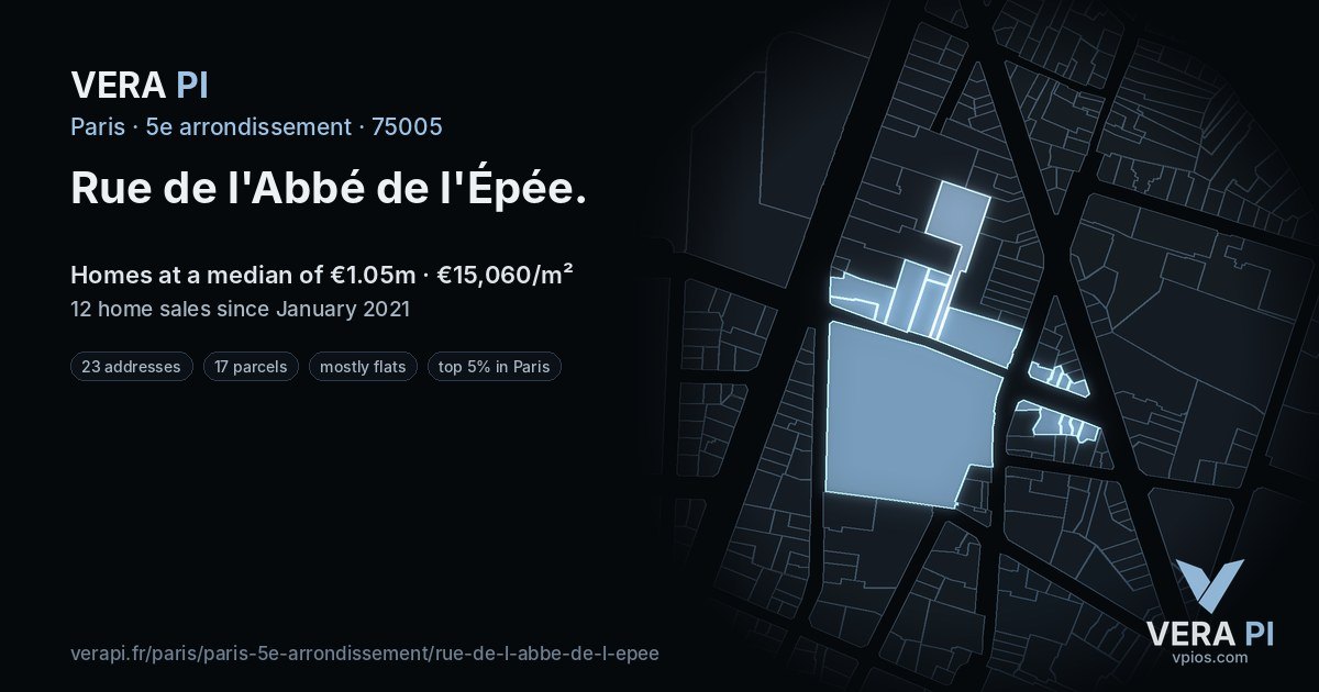 Rue de l'Abbé de l'Épée, 5e arrondissement at night – every parcel coloured by the prices around it, the street's own parcels lit