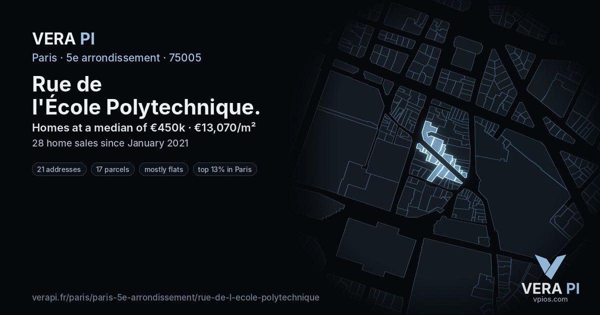 Rue de l'École Polytechnique, 5e arrondissement at night – every parcel coloured by the prices around it, the street's own parcels lit