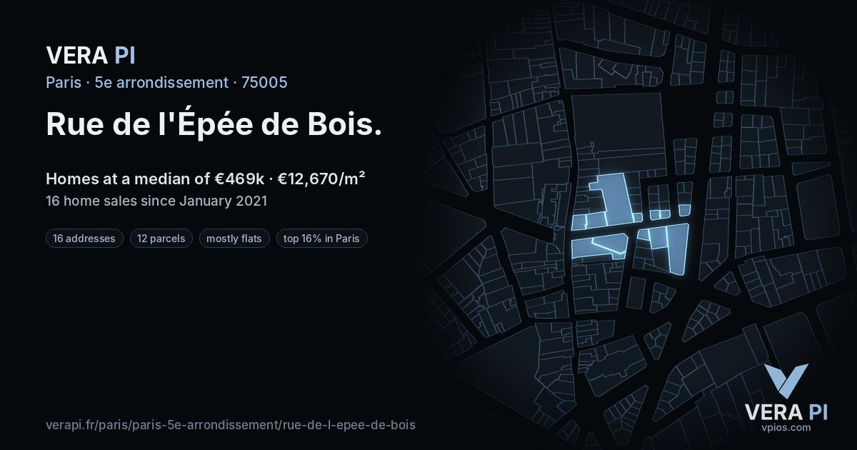 Rue de l'Épée de Bois, 5e arrondissement at night – every parcel coloured by the prices around it, the street's own parcels lit
