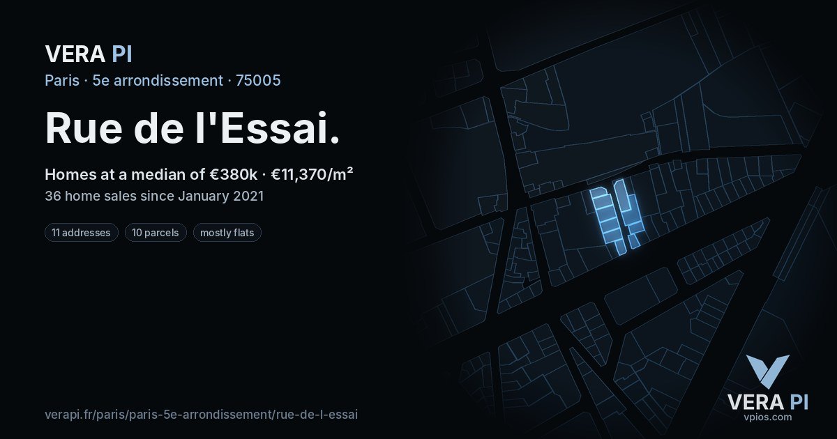 Rue de l'Essai, 5e arrondissement at night – every parcel coloured by the prices around it, the street's own parcels lit