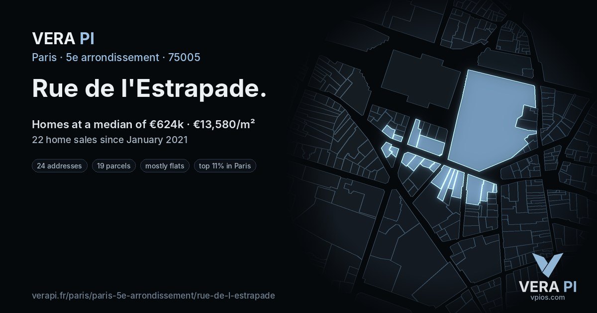 Rue de l'Estrapade, 5e arrondissement at night – every parcel coloured by the prices around it, the street's own parcels lit