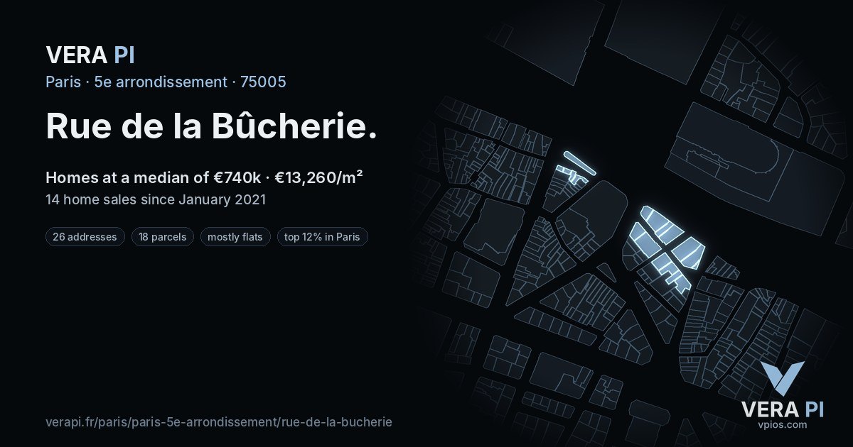 Rue de la Bûcherie, 5e arrondissement at night – every parcel coloured by the prices around it, the street's own parcels lit