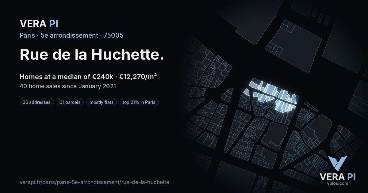 Rue de la Huchette, 5e arrondissement at night – every parcel coloured by the prices around it, the street's own parcels lit