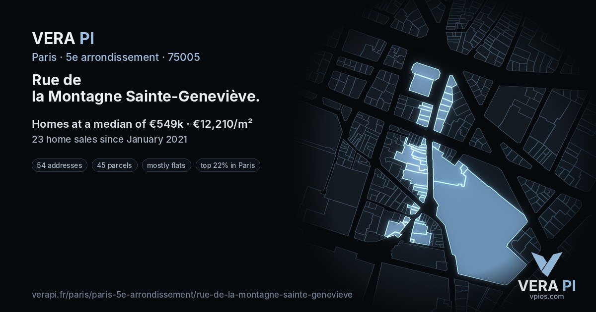 Rue de la Montagne Sainte-Geneviève, 5e arrondissement at night – every parcel coloured by the prices around it, the street's own parcels lit
